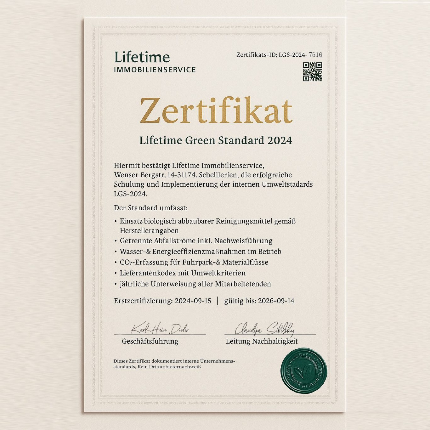 Zertifikat für LIFETIME ECO Standard 2024 2025 und 2026, unterzeichnet und mit Siegel.